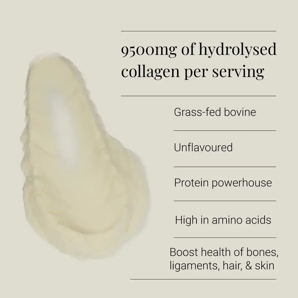 Hydrolysed collagen powder, 9500mg per serving, grass-fed, unflavoured, high in amino acids.