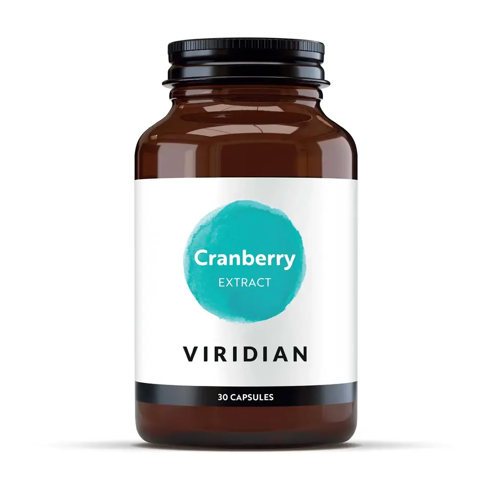 Cranberry Extract capsules by Viridian, 30 count, in a brown bottle with a teal label.