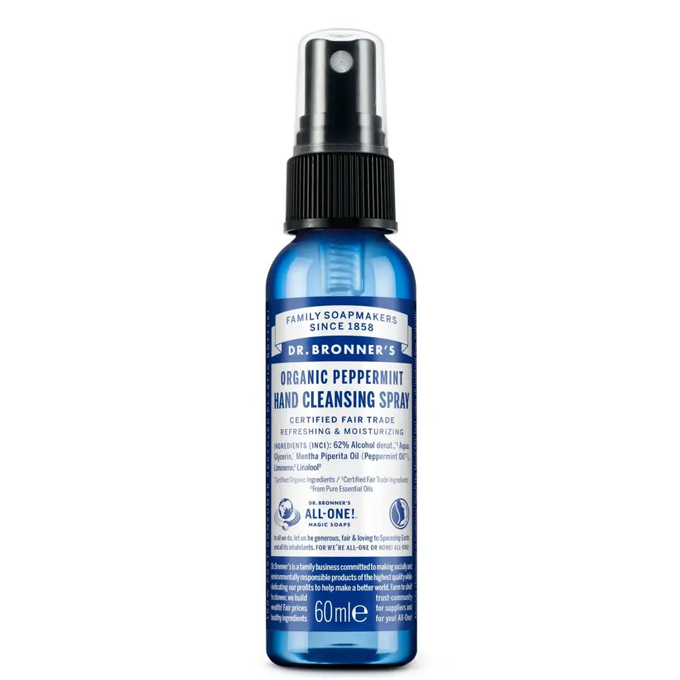 Dr. Bronner's Organic Peppermint Hand Cleansing Spray, 60ml bottle.