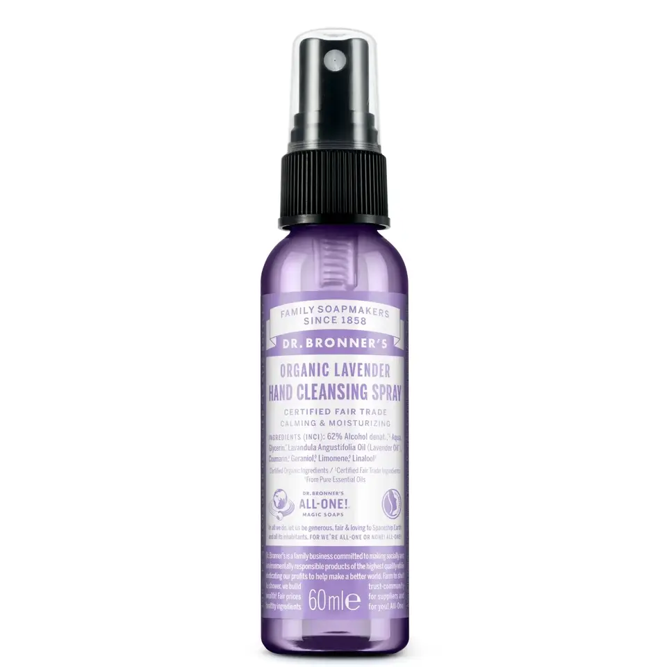 Dr. Bronner's Organic Lavender Hand Cleansing Spray, 60 ml bottle.