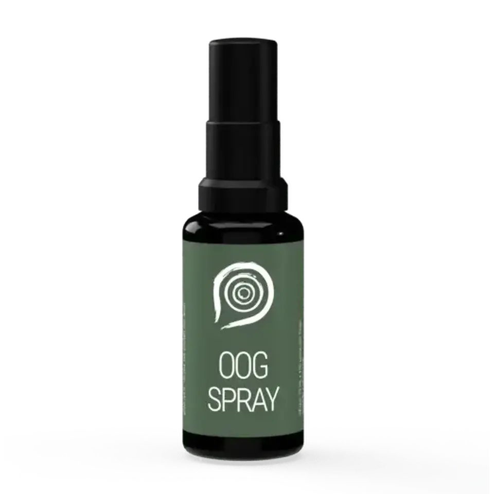 Green bottle labelled "OOG Spray" with a spiral logo.