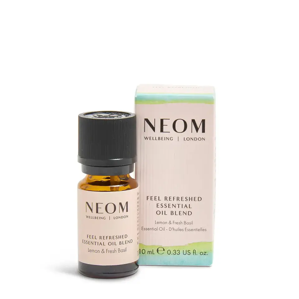 Neom Feel Refreshed Essential Oil Blend, lemon and fresh basil, 10ml bottle and box.