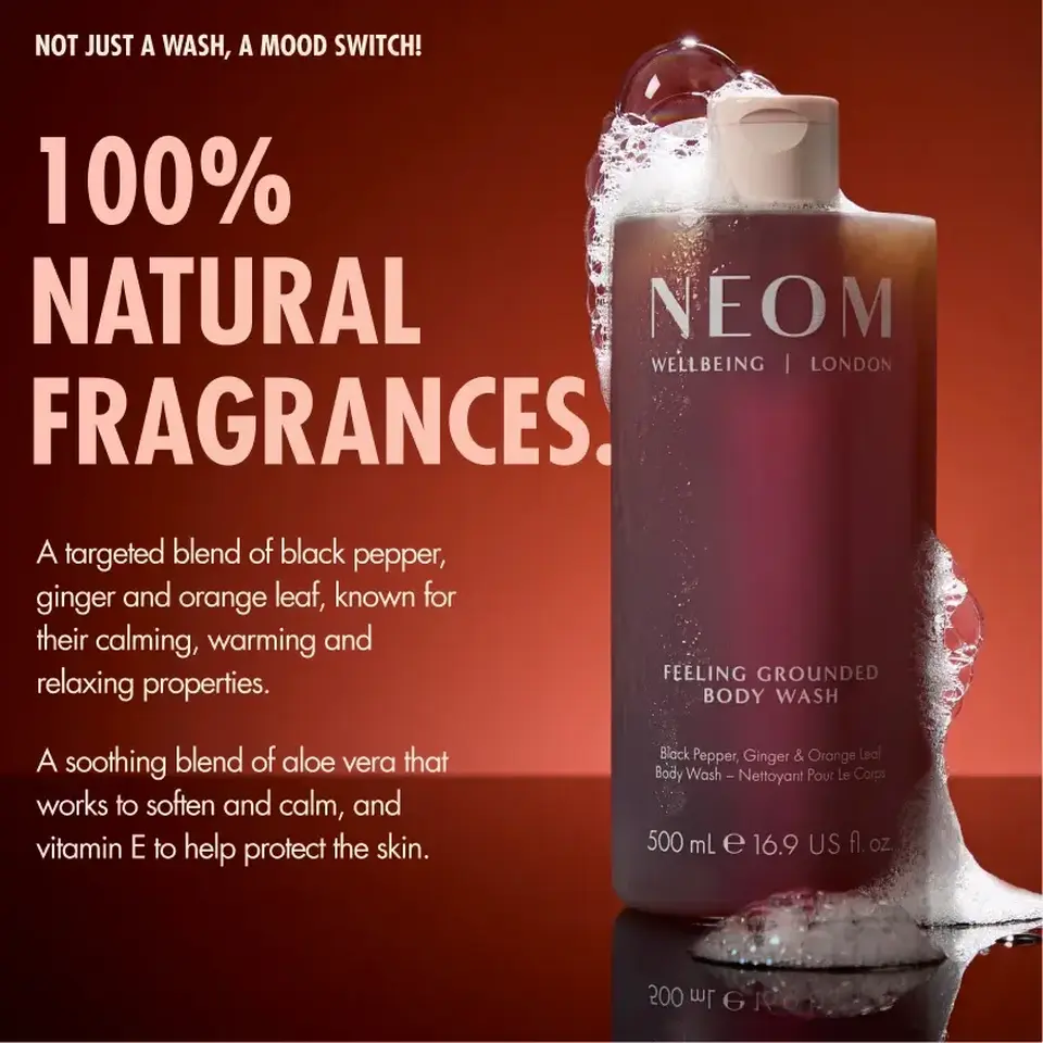 NEOM body wash with black pepper, ginger, orange leaf. Text: 100% natural fragrances.