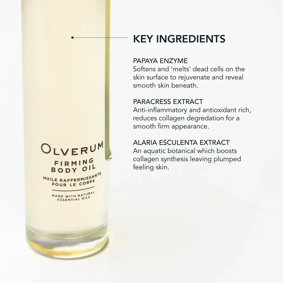 Olverum Firming Body Oil bottle with key ingredients: papaya enzyme, paracress, alaria esculenta.