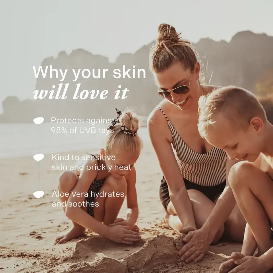Woman and two children playing on a beach. Text highlights skincare benefits.