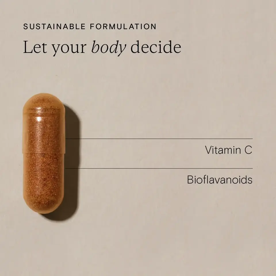 Brown capsule with text: "Sustainable formulation. Let your body decide. Vitamin C, Bioflavanoids.