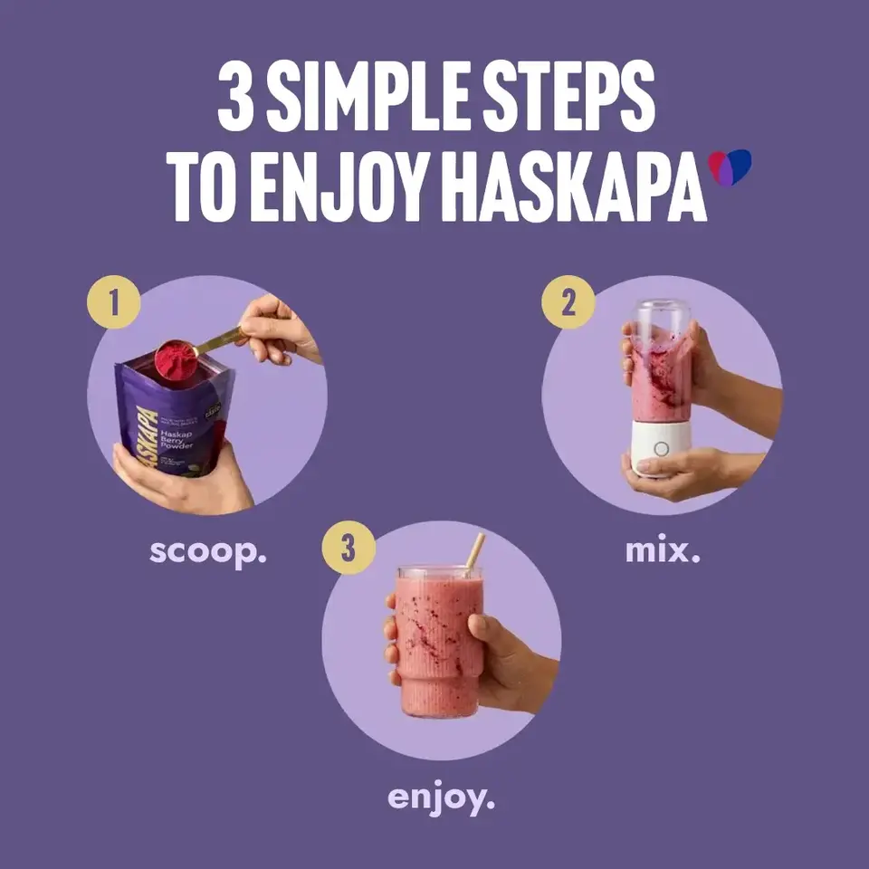 Three steps to enjoy Haskapa: scoop, mix, enjoy.
