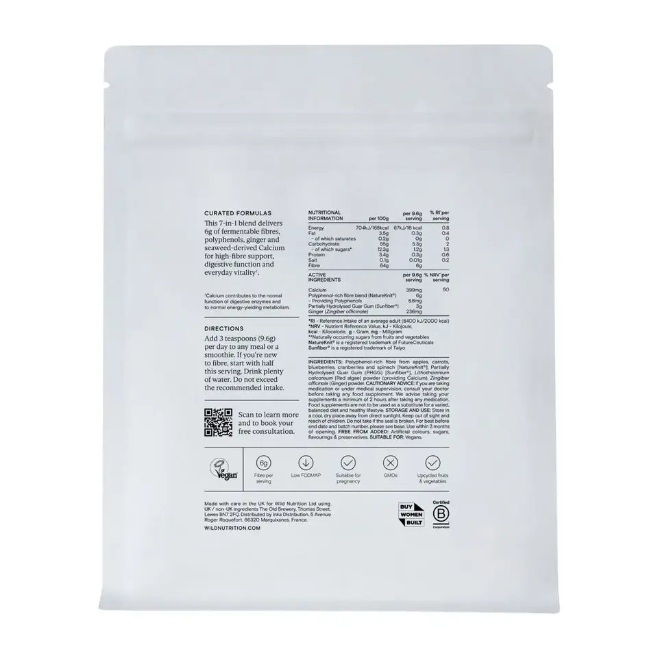 White packaging with nutritional information, directions, and vegan symbol. QR code for consultation.
