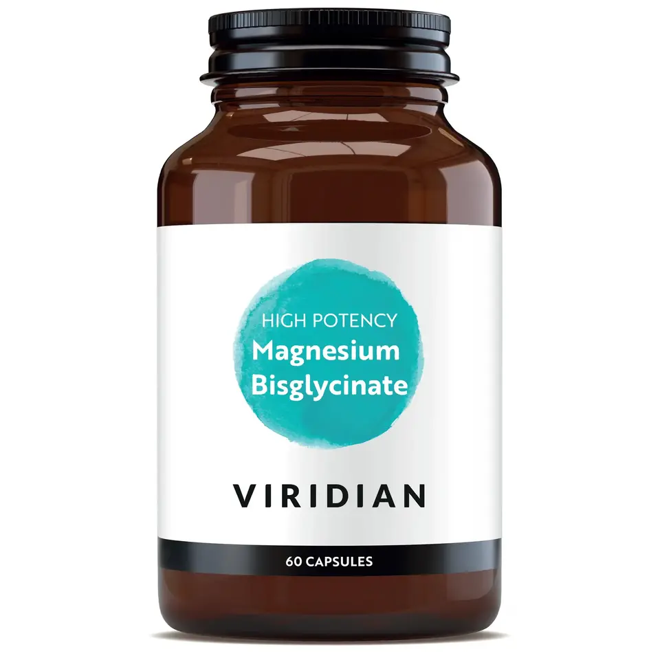 Brown bottle labelled "Viridian High Potency Magnesium Bisglycinate, 60 capsules".