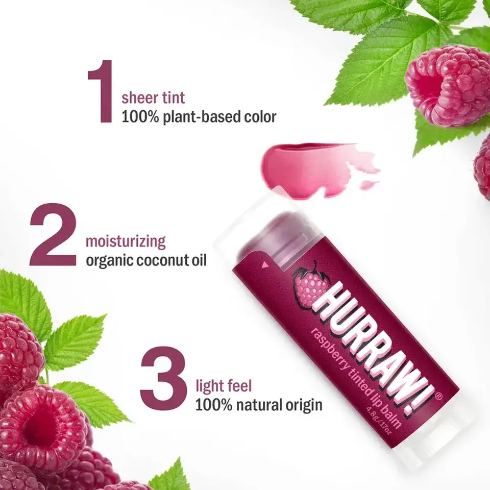 Raspberry lip balm with sheer tint, organic coconut oil, and light feel.