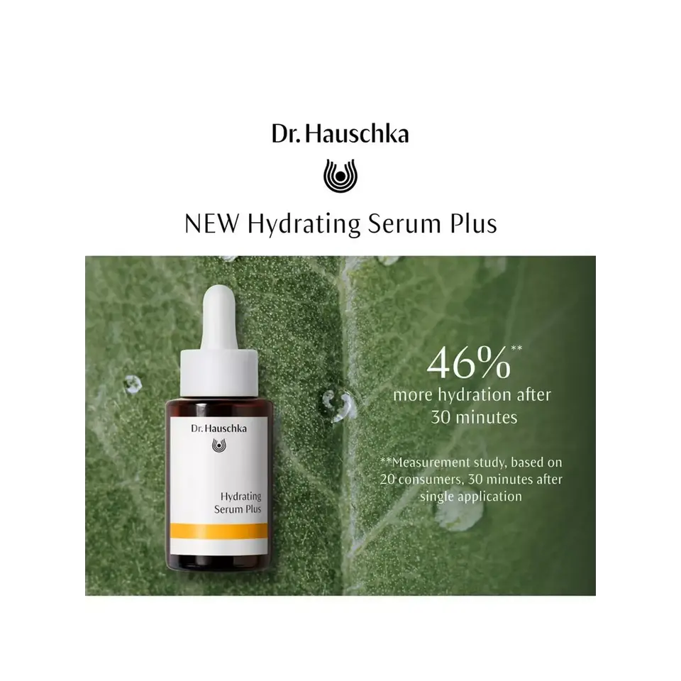 Dr. Hauschka Hydrating Serum Plus bottle on a leaf background. 46% more hydration after 30 minutes.