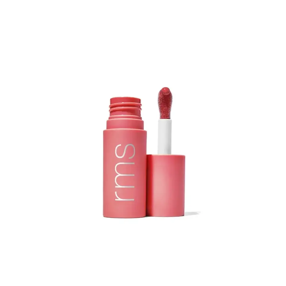 Pink lip gloss tube with "rms" text, open with applicator showing red gloss.