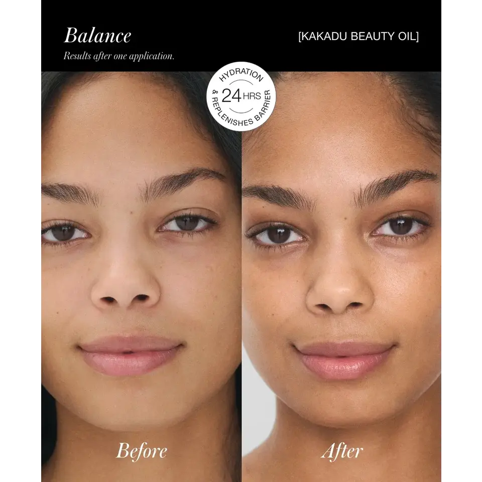 Before and after using Kakadu Beauty Oil, showing improved skin hydration.