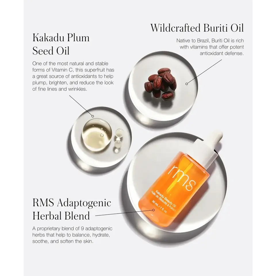 RMS Adaptogenic Herbal Blend bottle with Kakadu Plum and Buriti Oil ingredients.
