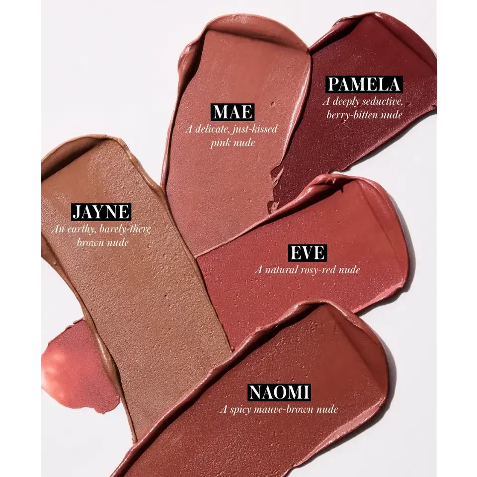 Lipstick swatches labelled: Jayne, Mae, Pamela, Eve, Naomi, in various nude shades.