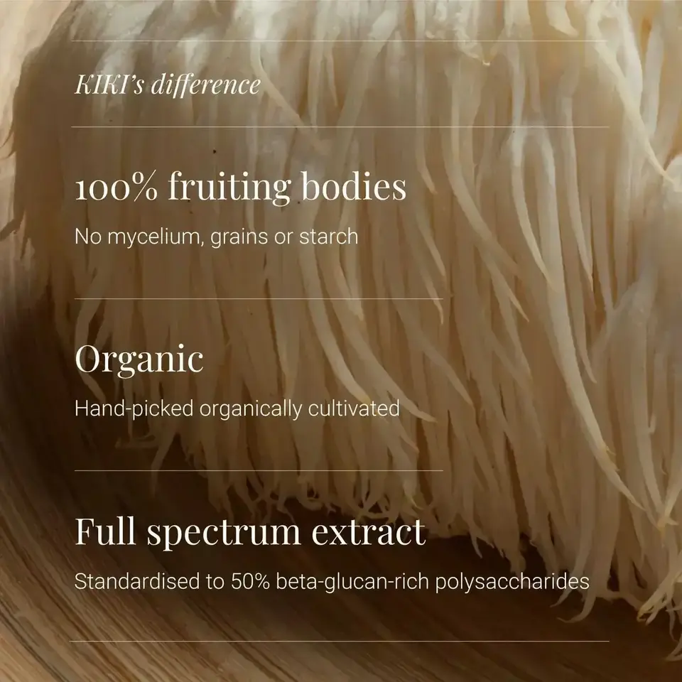 Text overlay on mushroom: "KIKI's difference, 100% fruiting bodies, Organic, Full spectrum extract.