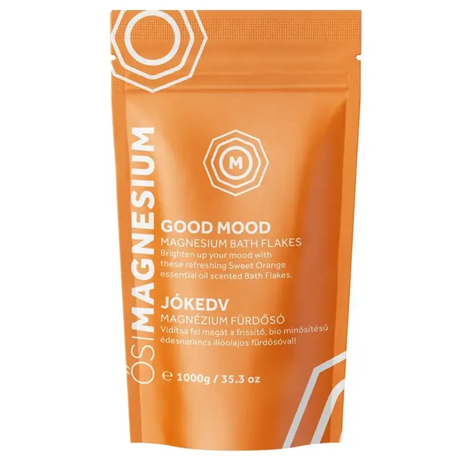 Orange pouch of Good Mood Magnesium Bath Flakes, 1000g, with Sweet Orange scent.