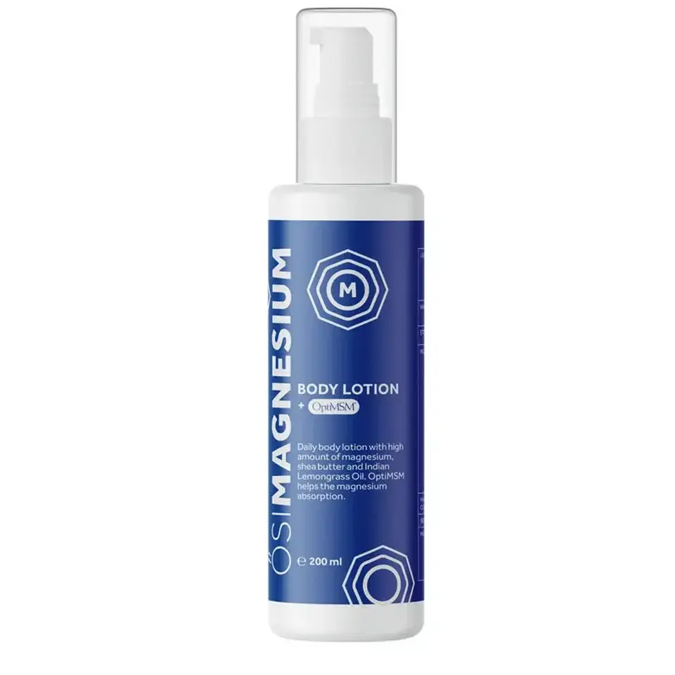 Blue bottle of OSIMAGNESIUM body lotion, 200 ml, with pump dispenser.