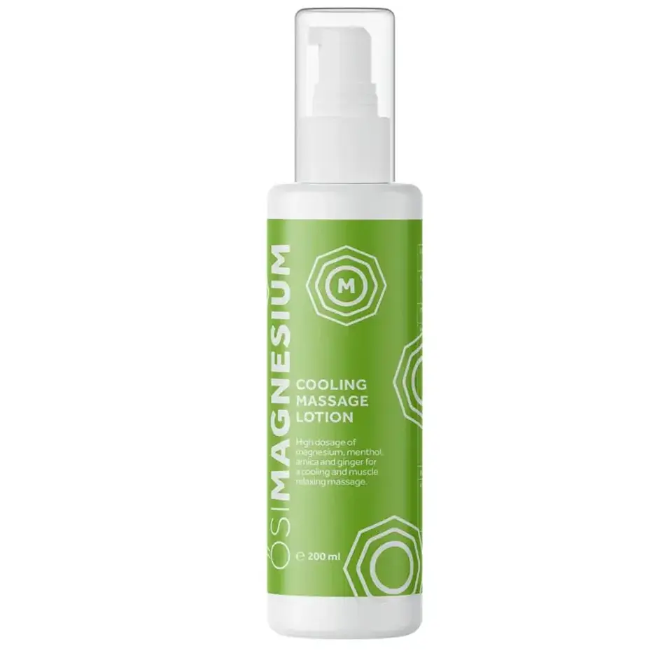 Green bottle of OSIMAGNESIUM Cooling Massage Lotion, 200ml.