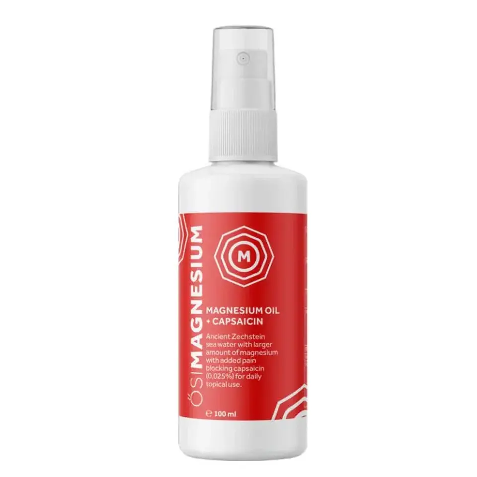 White spray bottle with red label, "Magnesium Oil + Capsaicin", 100 ml.