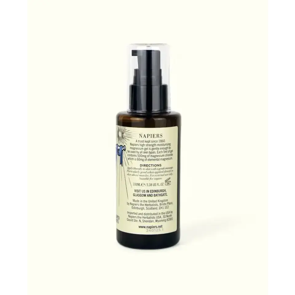 Napiers magnesium spray bottle with label text and directions. 100ml size.