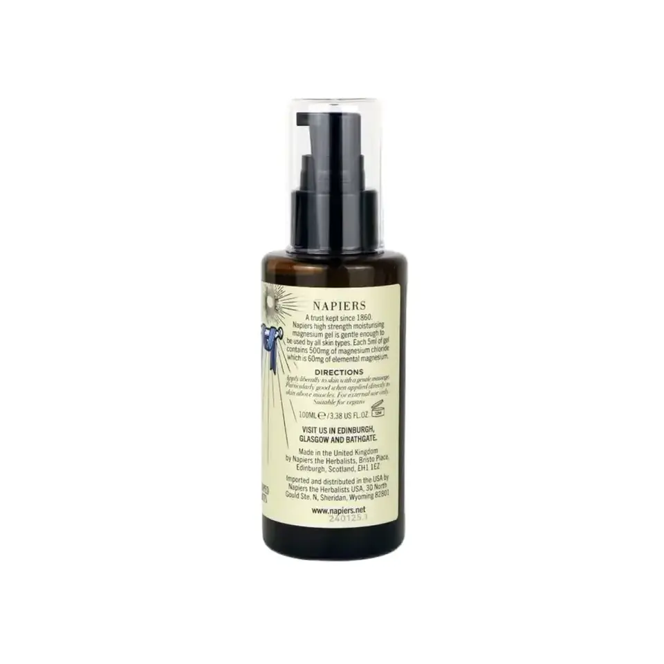 Brown bottle of Napiers moisturising magnesium oil spray, 100ml, with label text.