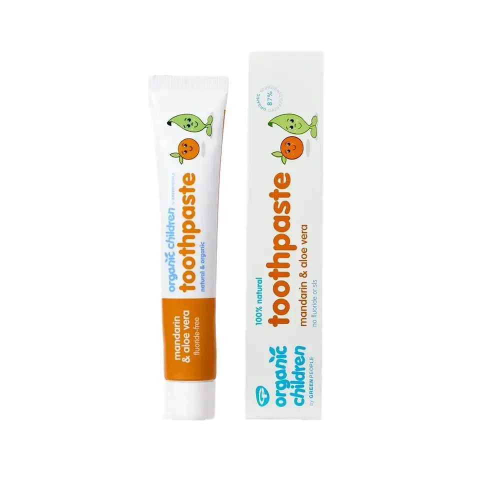 Organic children's toothpaste, mandarin and aloe vera flavour, fluoride-free, tube and box.