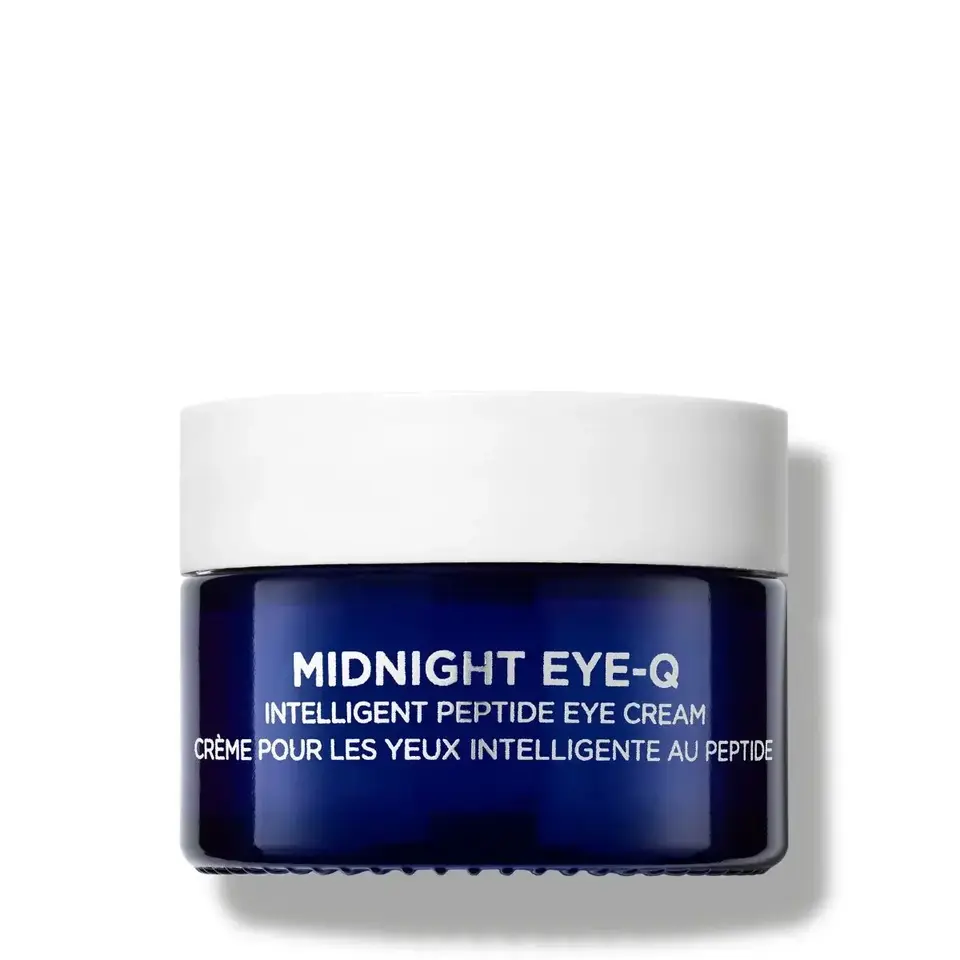 Blue jar of Midnight Eye-Q Intelligent Peptide Eye Cream with white lid.