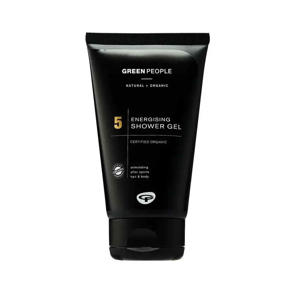 Black tube of Green People Energising Shower Gel, certified organic, for hair and body.