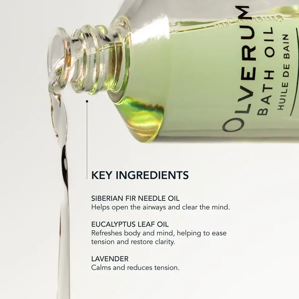 Olverum bath oil pouring. Key ingredients: Siberian fir, eucalyptus, lavender.