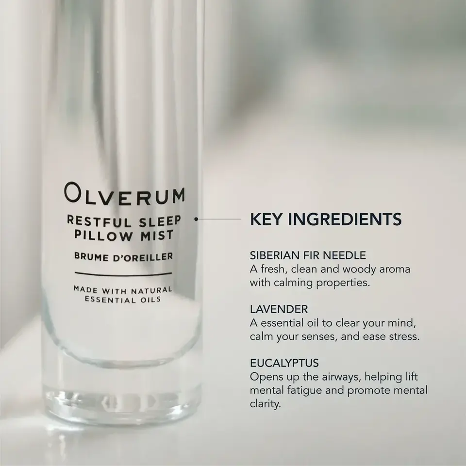 Olverum Restful Sleep Pillow Mist bottle with key ingredients: Siberian fir, lavender, eucalyptus.