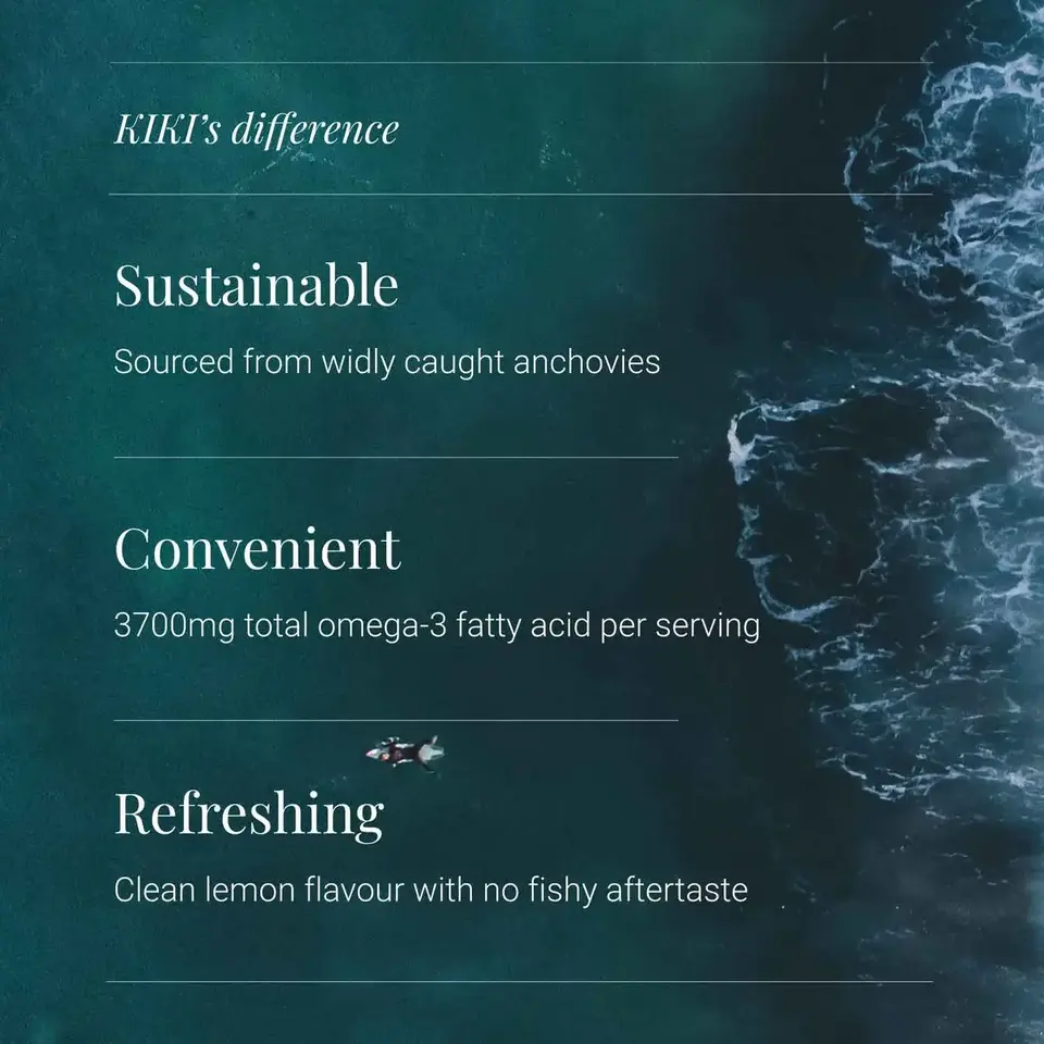 KIKI's difference: Sustainable, Convenient, Refreshing. Ocean background.