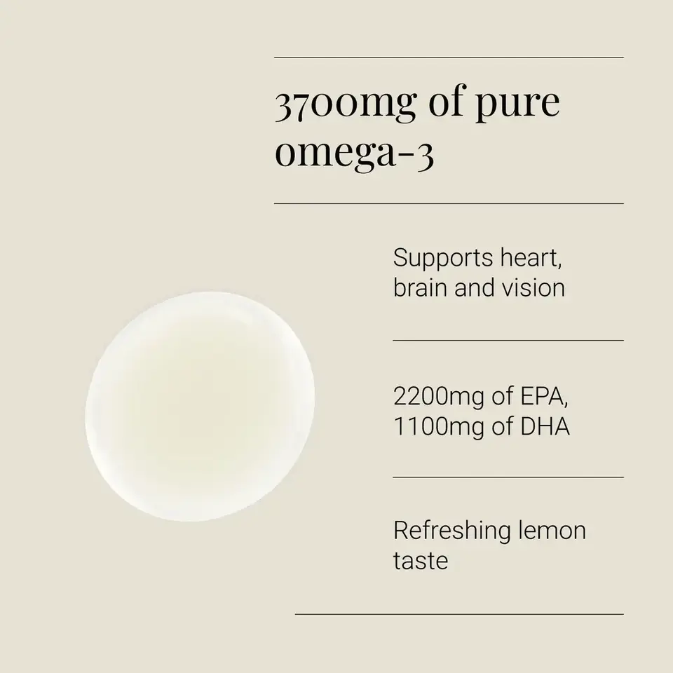 3700mg pure omega-3, supports heart, brain, vision. 2200mg EPA, 1100mg DHA. Lemon taste.