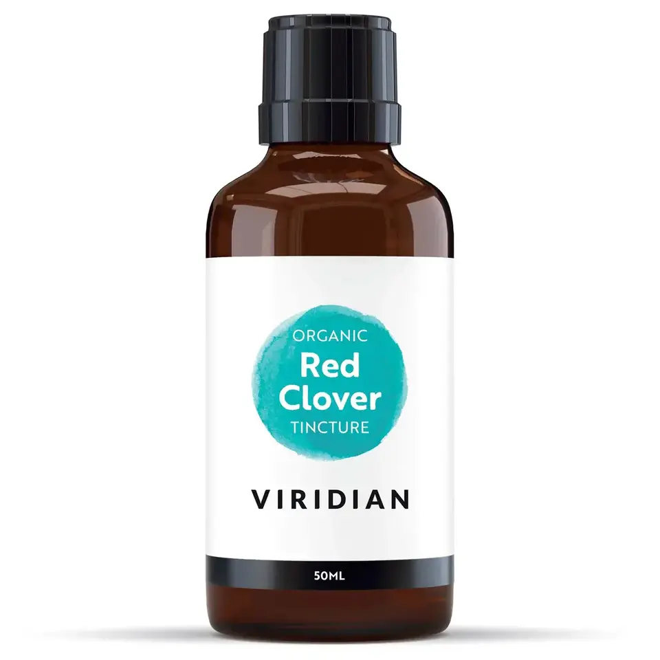 Brown bottle of Viridian Organic Red Clover Tincture, 50ml.