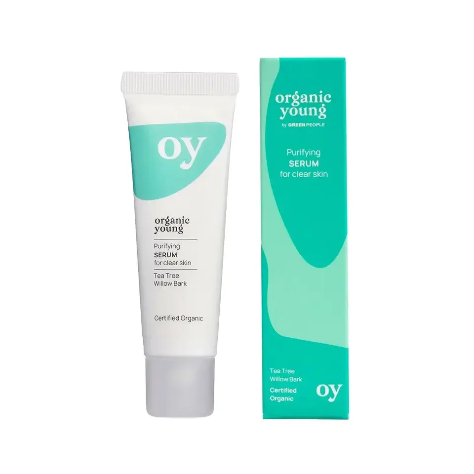 Tube and box of Organic Young Purifying Serum for clear skin, tea tree and willow bark.