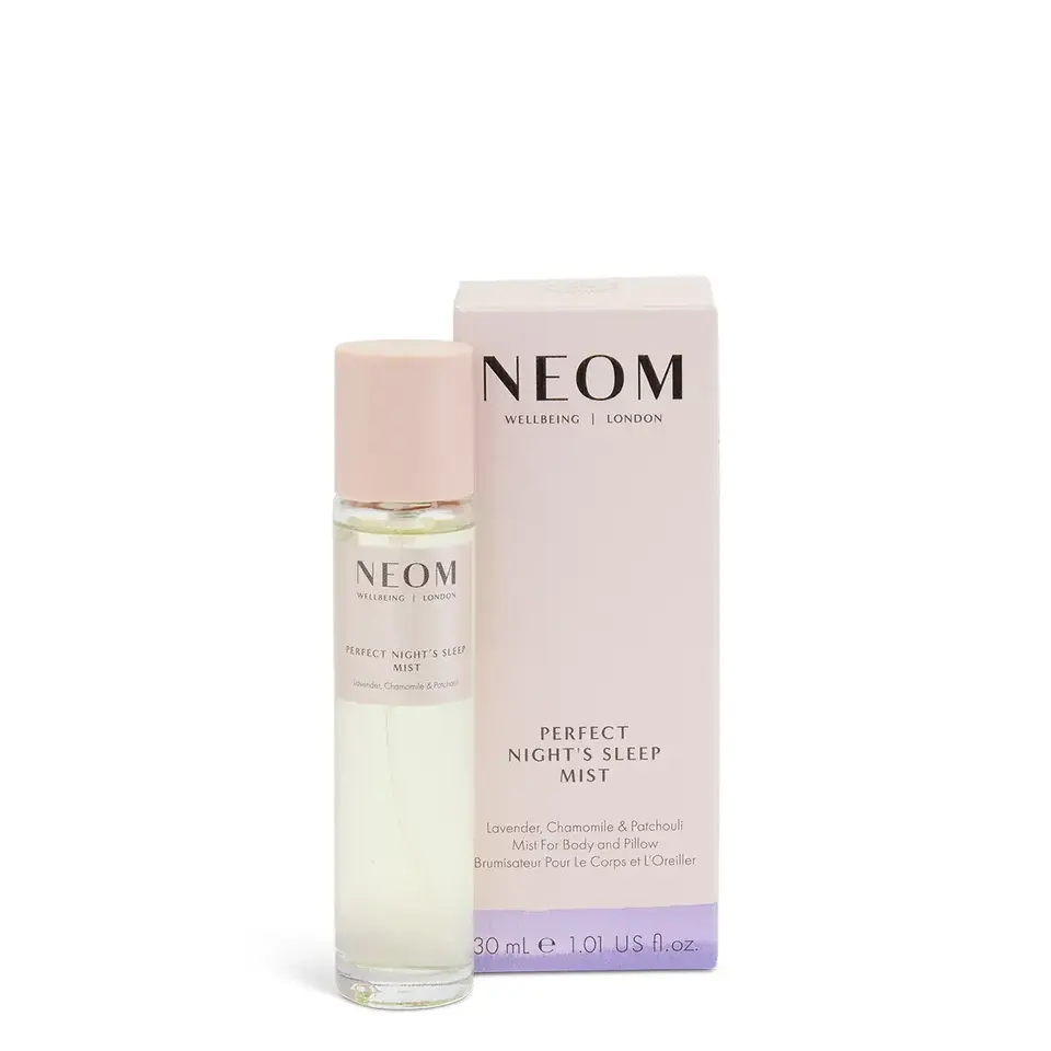NEOM Perfect Night's Sleep Mist, 30ml bottle and box, lavender, chamomile, patchouli scent.