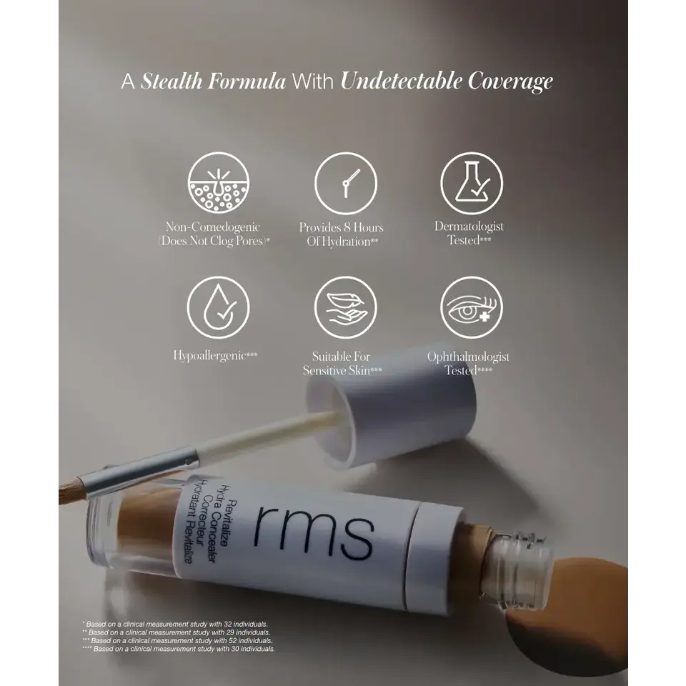 RMS concealer with applicator, benefits listed: non-comedogenic, hydrating, dermatologist tested.