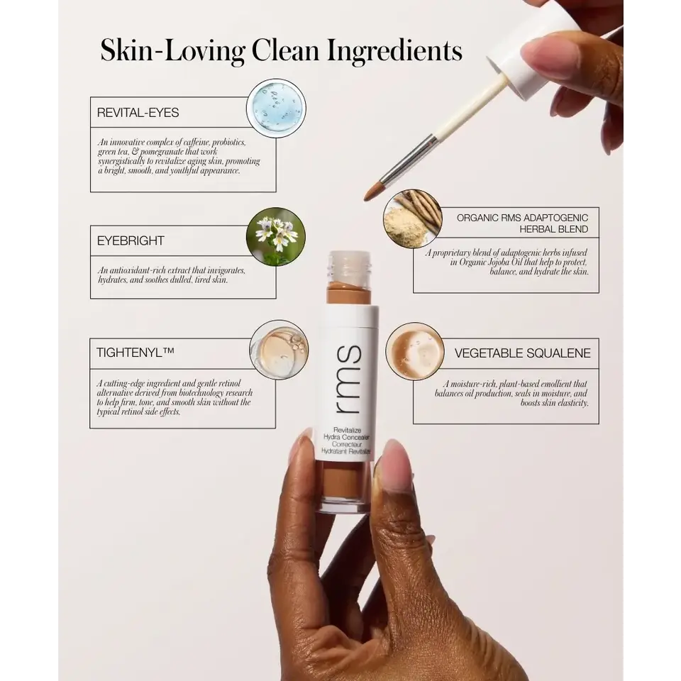 Hands holding RMS concealer with dropper. Ingredients: Revital-Eyes, Eyebright, Tightenyl, Herbal Blend, Squalene.