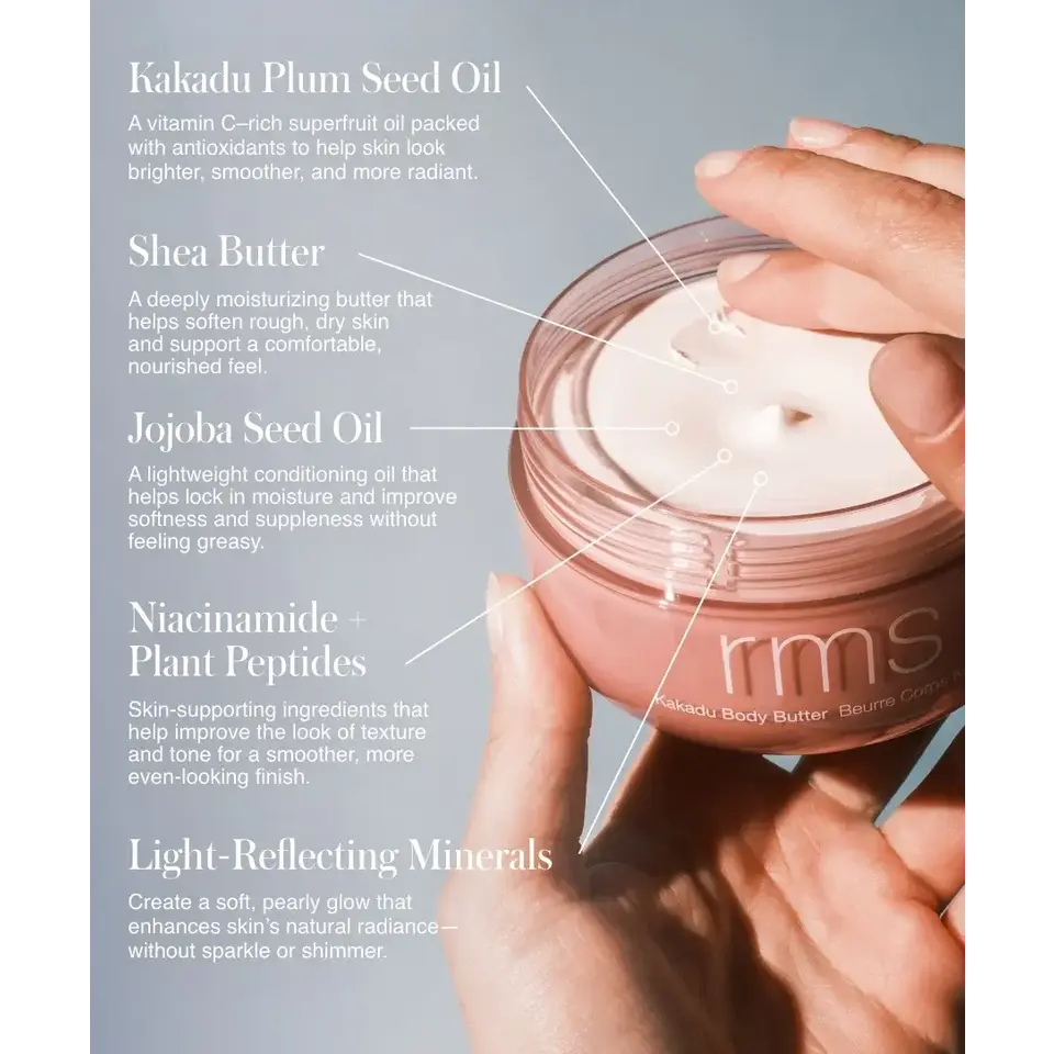 Hand holding RMS Kakadu Body Butter with ingredient benefits listed.