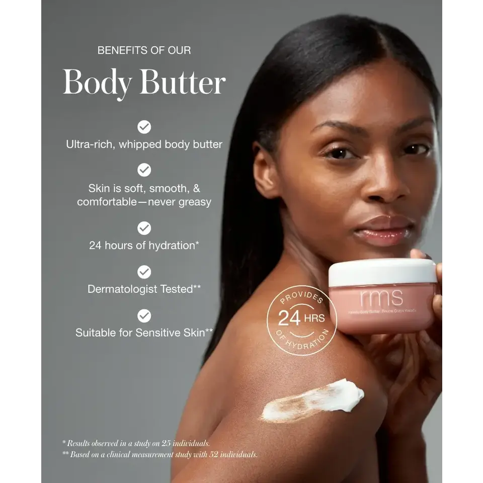 Woman holding body butter, text lists benefits: ultra-rich, 24-hour hydration, dermatologist tested.