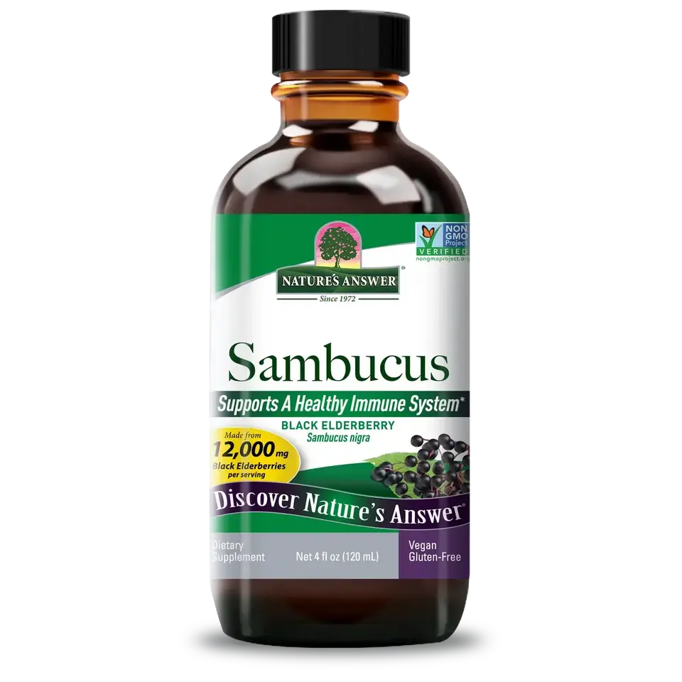 Nature's Answer Sambucus bottle, 120ml, black elderberry supplement.