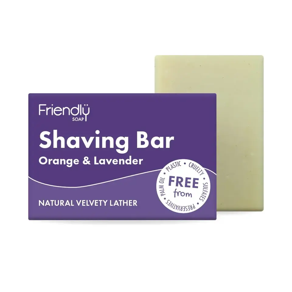 Friendly Soap Shaving Bar, Orange & Lavender, natural velvety lather, free from palm oil.