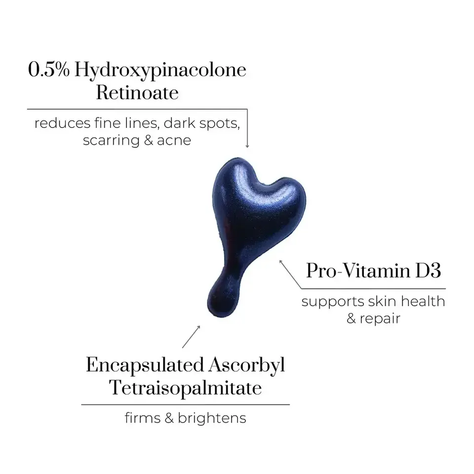 Heart-shaped skincare capsule with text on benefits and ingredients.
