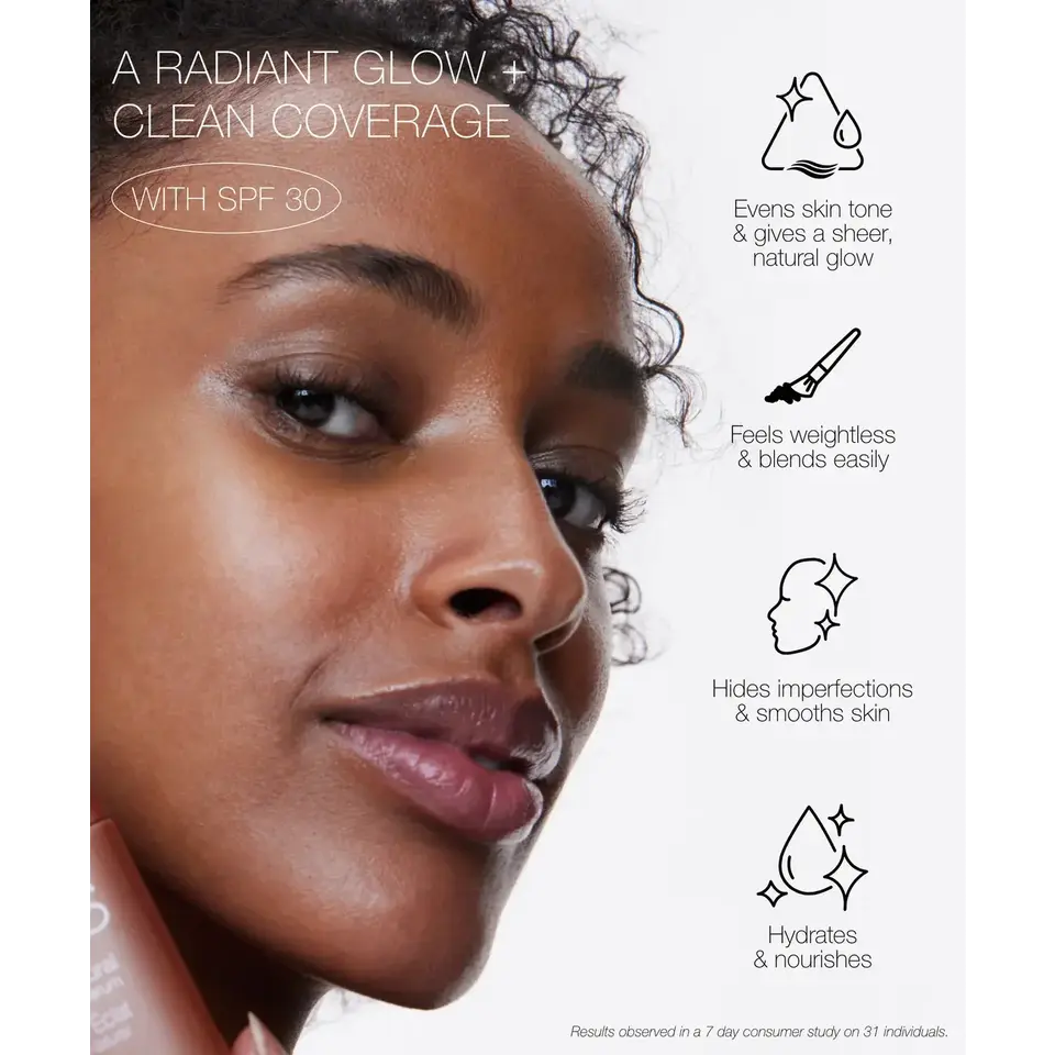 Woman with glowing skin, text: "A radiant glow + clean coverage with SPF 30". Benefits listed.