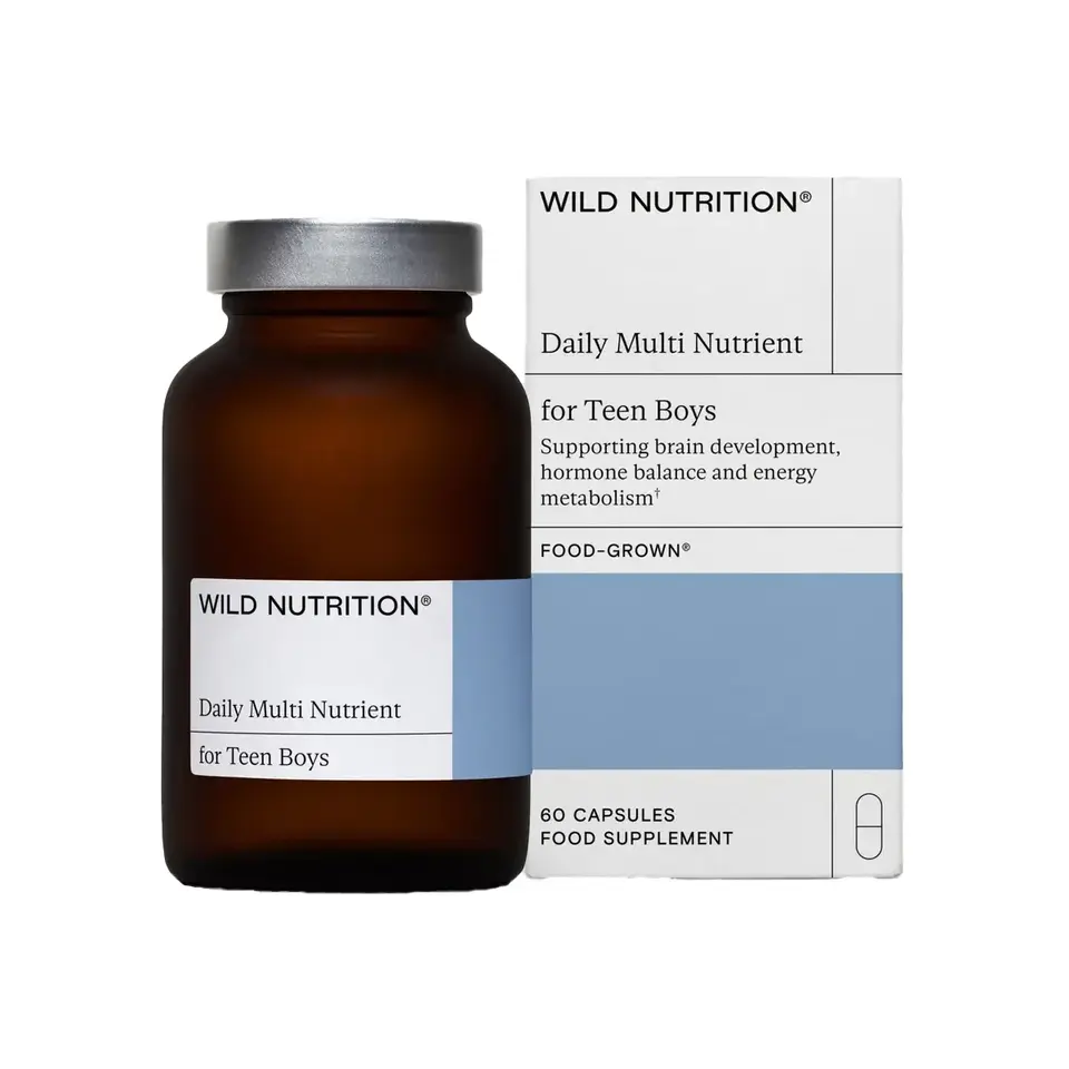 Brown bottle and box of Wild Nutrition Daily Multi Nutrient for Teen Boys, 60 capsules.