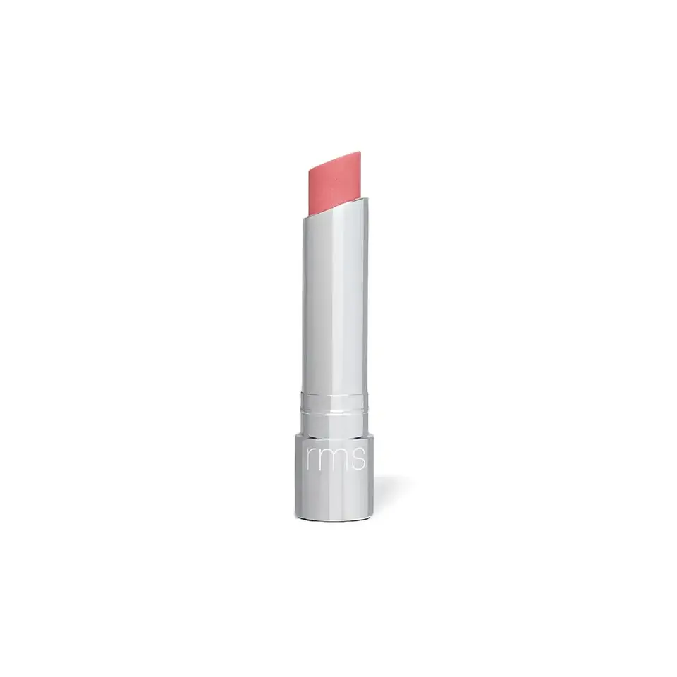 Silver lipstick tube with pink lipstick, "rms" on the cap.
