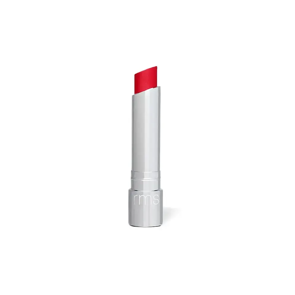Silver tube of red lipstick with "rms" on the base.