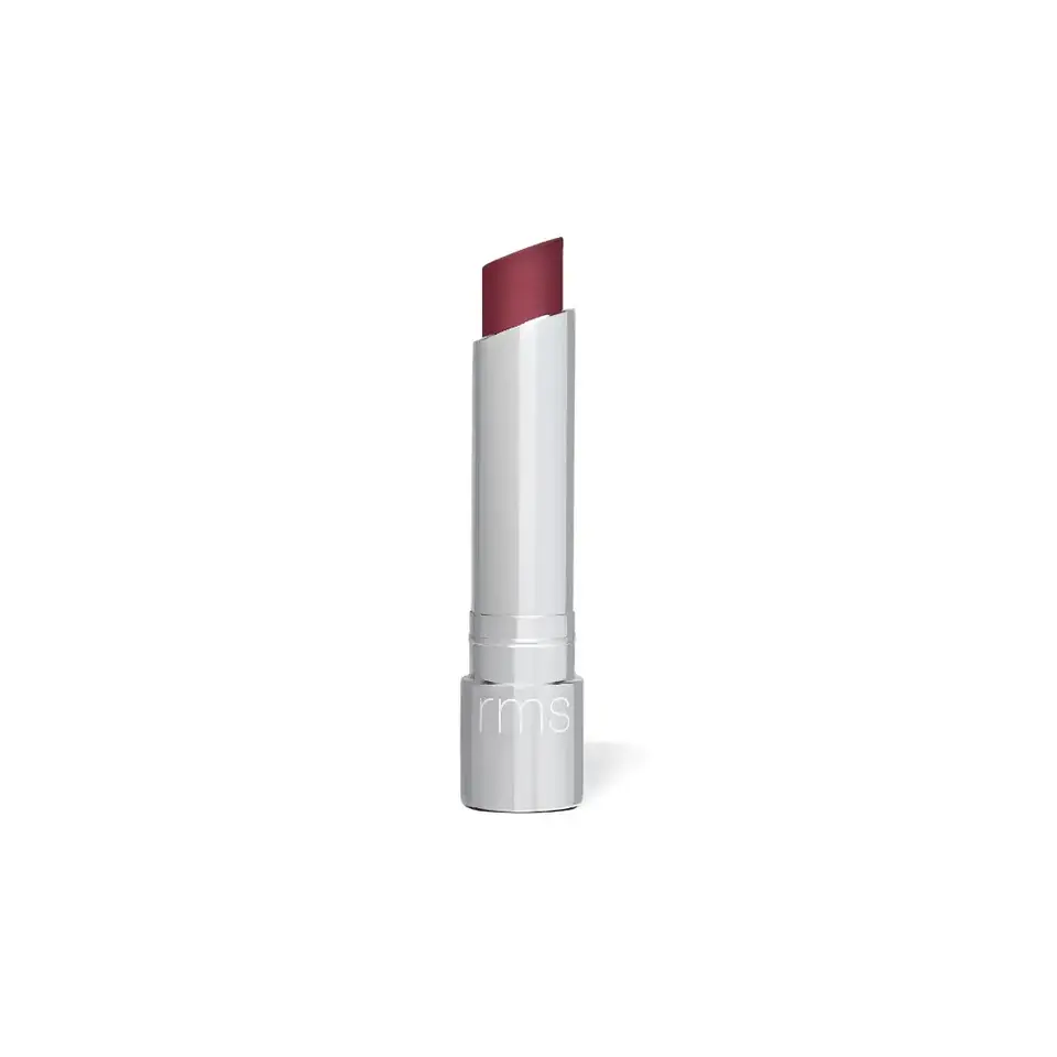 Silver lipstick tube with "rms" logo, featuring a deep red shade.