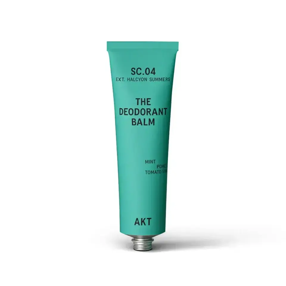 Turquoise tube labelled "SC.04 The Deodorant Balm" with mint, pomelo, tomato vine scent.