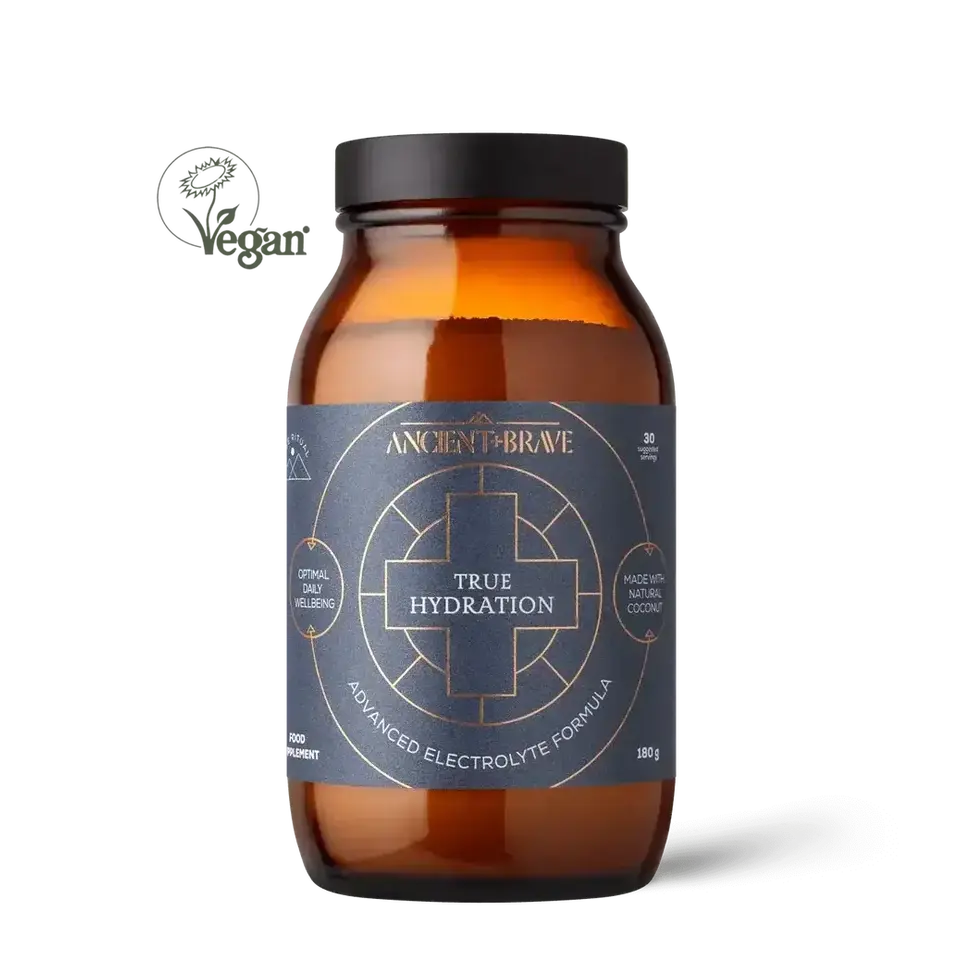 Brown jar with "True Hydration" label, 180g, advanced electrolyte formula.